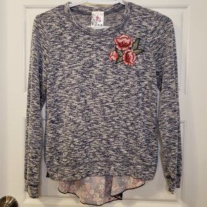 Jenna & Jessie Girl's Grey Blue Shirt Burgundy Pink Embroidery Roses-Size L (14)